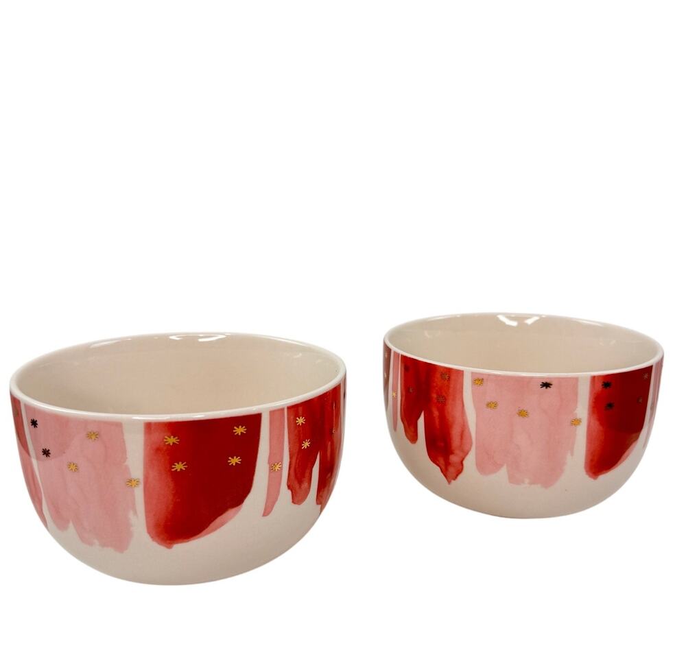 Anthropologie Night Sky Cereal Bowls Watercolor Gold Star Ceramic Round Set of 2